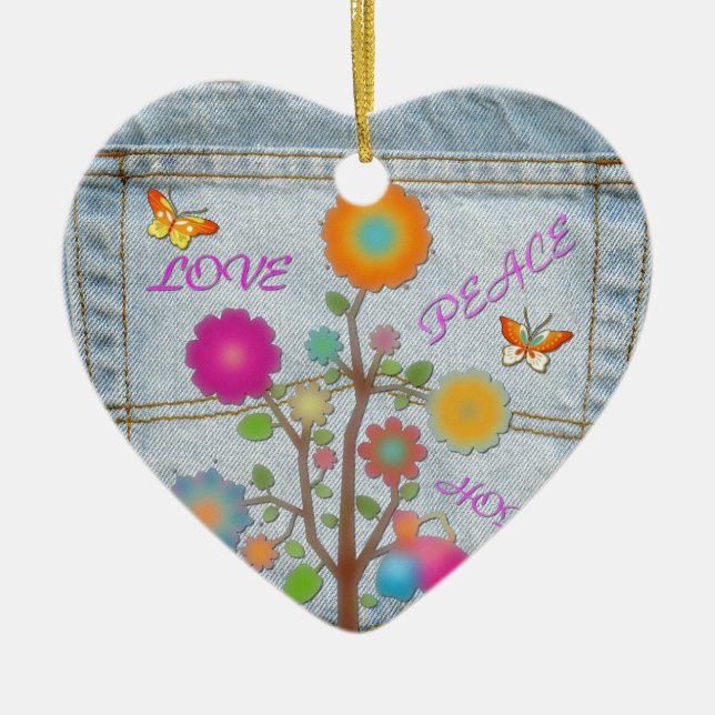 Ornamento De Cerâmica Flores no Bolso Traseiro de Jeans Paz Amor Esperan (Frente)