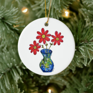 Ornamento De Cerâmica Flores Vermelhas Whimsical em Vaso Azul