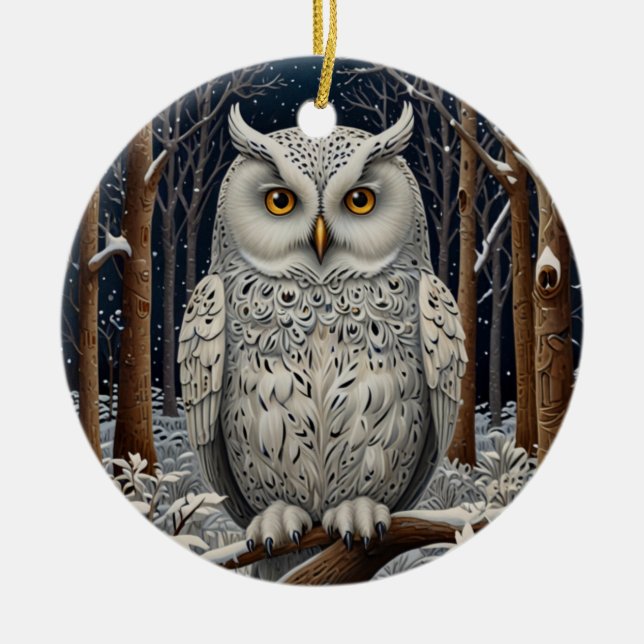 Ornamento De Cerâmica Floresta de inverno de coruja branca Elegante (Frente)