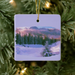 Ornamento De Cerâmica Floresta De Inverno - Luz Roxa Refletida Na Neve