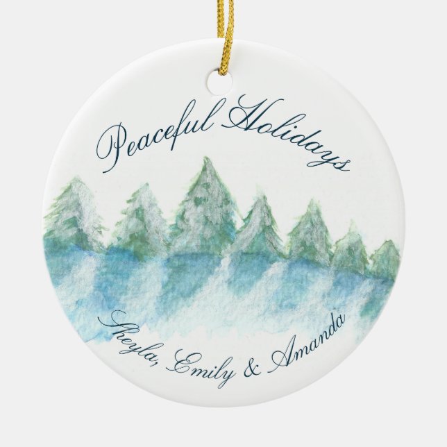 Ornamento De Cerâmica Floresta de Inverno Pacífica Script Christmas Aqua (Frente)