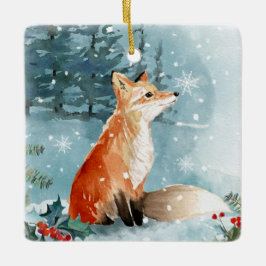 Ornamento De Cerâmica Floresta de inverno, raposa, cabine de torre, orna