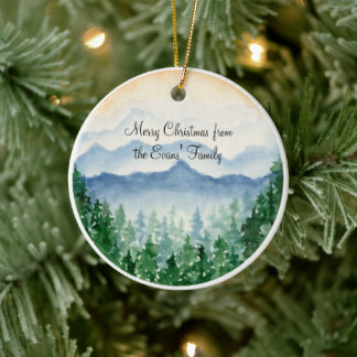 Ornamento De Cerâmica Floresta Montanhosa Aquarela Família Personalizada