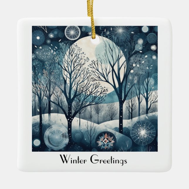 Ornamento De Cerâmica Floresta Nórdica Moonliada, personalizável (Frente)