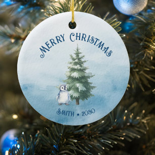 Ornamento De Cerâmica Florestas e Pinguim-Natal Azul