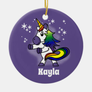 Ornamento De Cerâmica Flosing Rainbow Unicorn com fundo estrelado