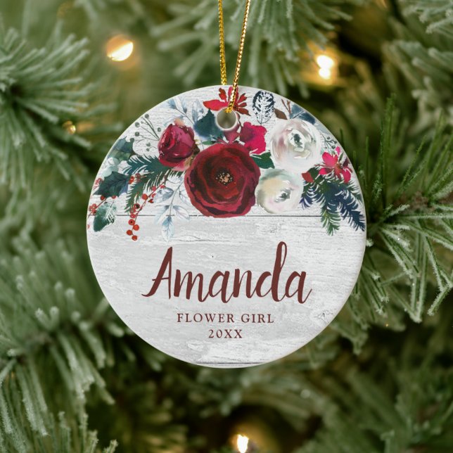 Ornamento De Cerâmica Flower Girl Personalizada Burgundy Rosa Natal (Árvore)