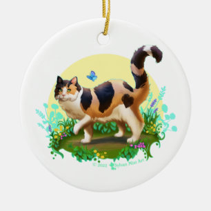Ornamento De Cerâmica Fluffy Calico Cat com borboleta