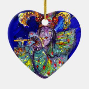 Ornamento De Cerâmica FLUTIST noite AZUL/Venetian do carnaval