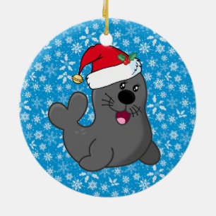 Ornamento De Cerâmica Foca de Cartoon Bonita Vestindo o Chapéu Santa