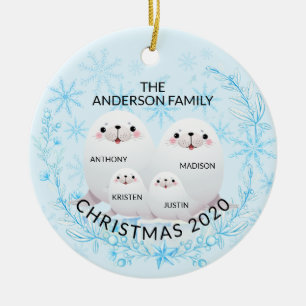 Ornamento De Cerâmica Fofa Família de 4 Focas de Natal