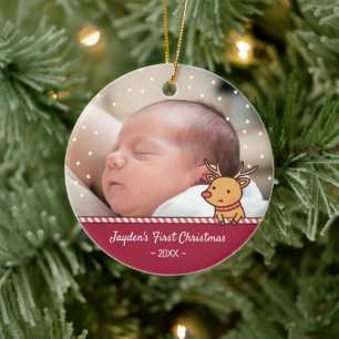 Ornamento De Cerâmica Fofa Foto de Natal do Primeiro Bebê Rena