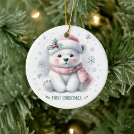Ornamento De Cerâmica Fofa foto de urso polar no primeiro Natal de lembr