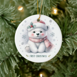 Ornamento De Cerâmica Fofa foto de urso polar no primeiro Natal de lembr
