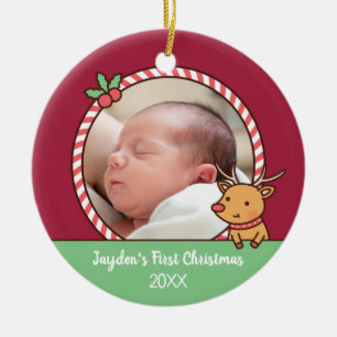 Ornamento De Cerâmica Fofa Rena Desenho Primeiro Natal da Bebê Foto