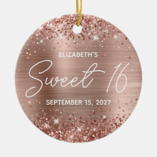 Ornamento De Cerâmica Fofa Rosa Dourado Glam Moderno Sweet 16 Foto