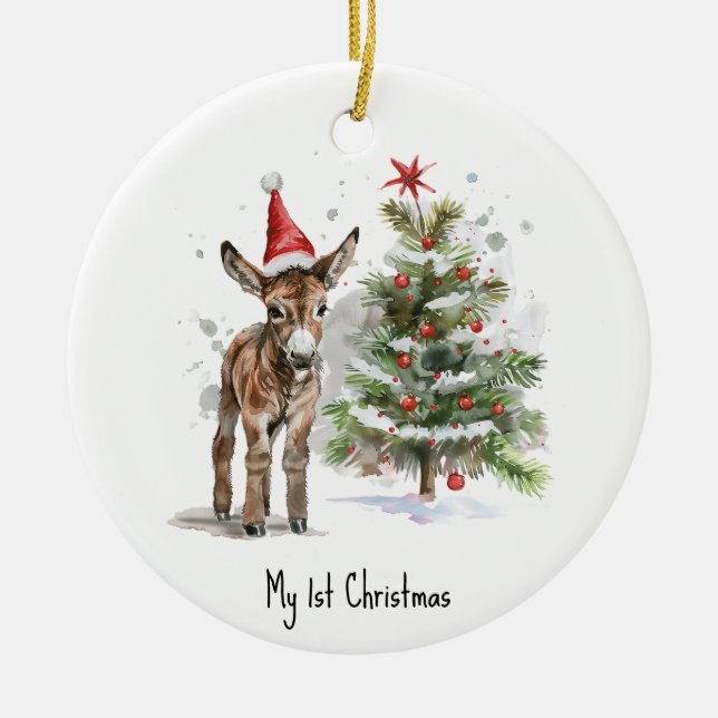 Ornamento De Cerâmica fofo burro e árvore de natal, personalizável (Frente)