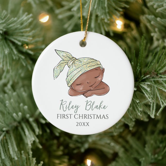 Ornamento De Cerâmica Fofo personalizado afro-americano Primeiro Natal (Árvore)