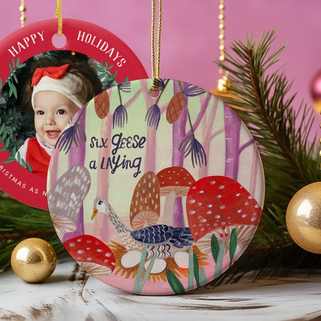 Ornamento De Cerâmica Fofo Primeiro Natal como Foto de Avós (Our first Christmas as Grandparents Photo baby ornament with cute 12 days of Christmas Illustration.)