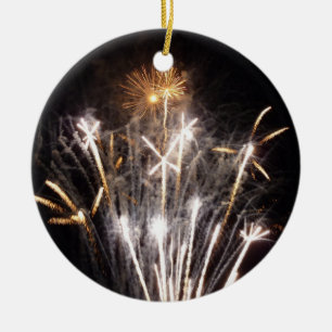 Ornamento De Cerâmica Fogos de Artifício Brancos e Dourados II Celebraçã