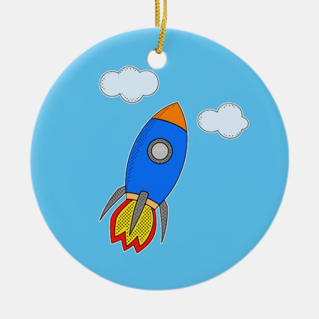 Ornamento De Cerâmica Foguete Espacial do Cartoon no Céu Azul (Frente)