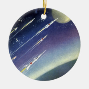 Ornamento De Cerâmica Foguetes de Ficção Científica Vintage no Espaço po