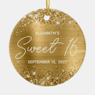 Ornamento De Cerâmica Foil Dourado Brilhante Moderno Foto Sweet 16
