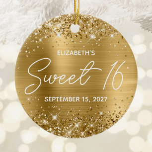 Ornamento De Cerâmica Foil Dourado Brilhante Moderno Foto Sweet 16