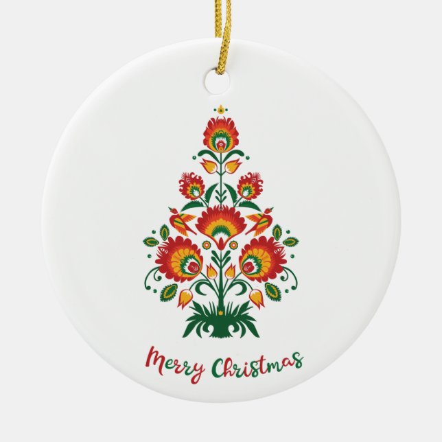 Ornamento De Cerâmica 🎄 folclore da árvore de Natal [vermelho, amarelo] (Frente)