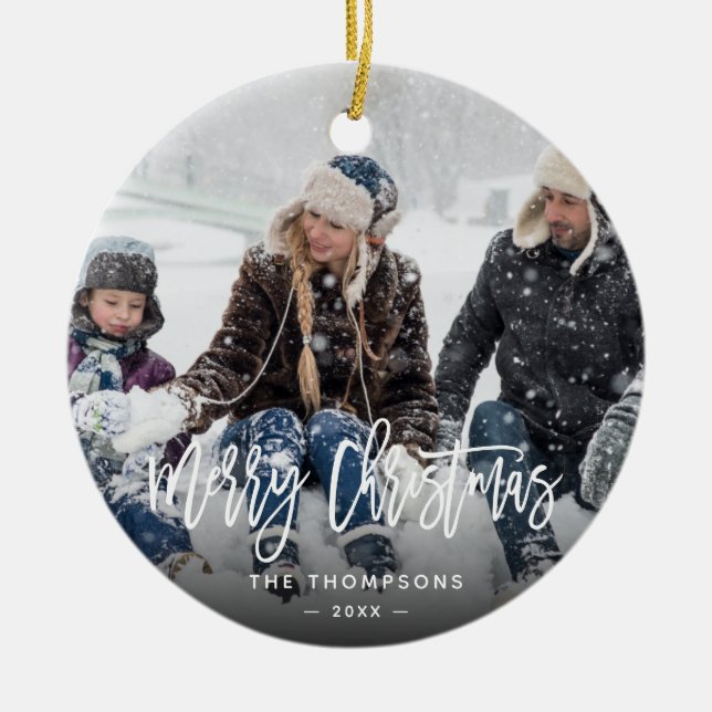 Ornamento De Cerâmica Folga de Foto da Família Natal Moderna (Frente)