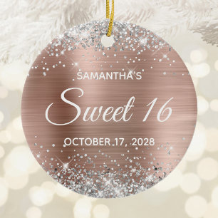 Ornamento De Cerâmica Folha de Rosa dourada de Silver Glitter 16 Anivers