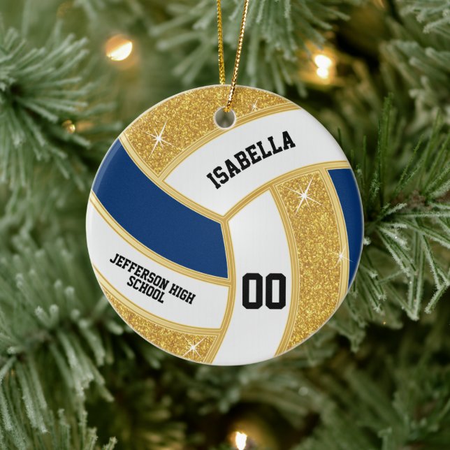 Ornamento De Cerâmica Folha Dourada personalizada, voleibol branco e azu (Árvore)