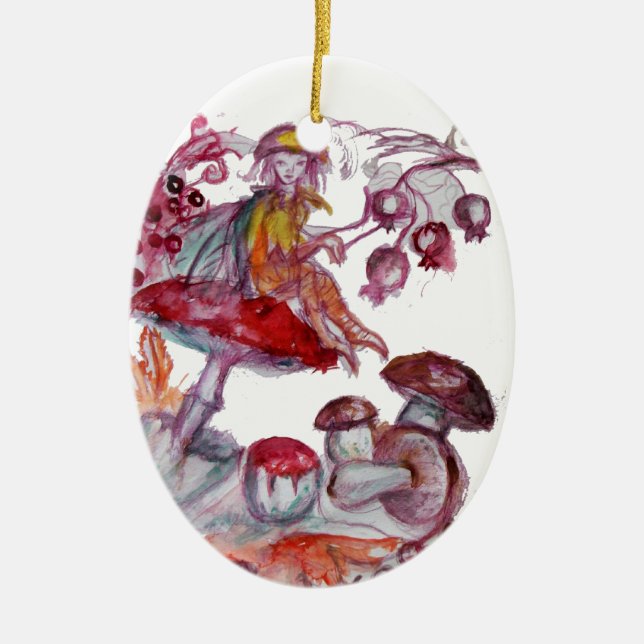 Ornamento De Cerâmica FOLHA MÁGICA DE MUSHROOMS Fantasia Branca Vermelha (Frente)