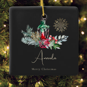 Ornamento De Cerâmica Folhagem Dourada Negra Lanterna Moderna Feliz Nata