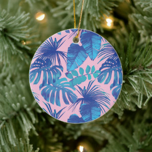 Ornamento De Cerâmica Folhagem tropical rosa e azul personalizada
