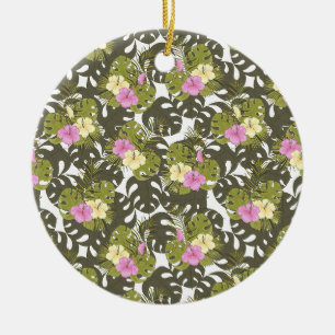 Ornamento De Cerâmica Folhas da Selva Tropical e Padrão de Hibisco