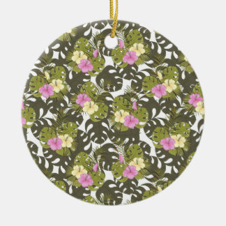 Ornamento De Cerâmica Folhas da Selva Tropical e Padrão de Hibisco
