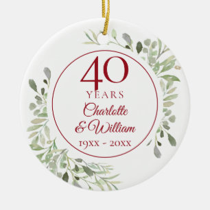 Ornamento De Cerâmica Folhas de Aquarela Suave Aniversário de 40 anos Fo