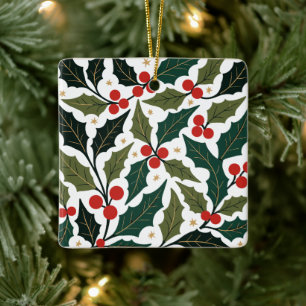 Ornamento De Cerâmica Folhas de Azevinho e Estrelas Fundo Retro Moderno