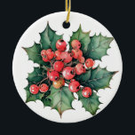 Ornamento De Cerâmica Folhas de bagas ocas de coloração aquosa da vindim<br><div class="desc">Uma pintura de aquarela vintage de bagas e folhas sagradas clássicas. Personalizável!</div>