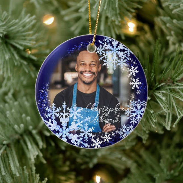 Ornamento De Cerâmica Folhas de Neve com Perfuração Fala Azul de Foto (Árvore)