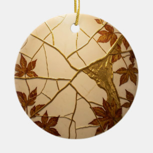 Ornamento De Cerâmica Folhas de Outono em Mármore Dourado Kintsugi
