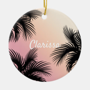 Ornamento De Cerâmica Folhas tropicais cor-de-rosa-pintinho-claro