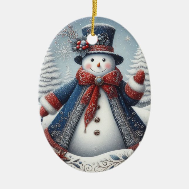 Ornamento De Cerâmica Folk Art Christmas Snowman (Frente)