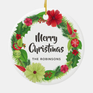 Ornamento De Cerâmica Folk Art Watercolor Foto da Família Floral de Nata