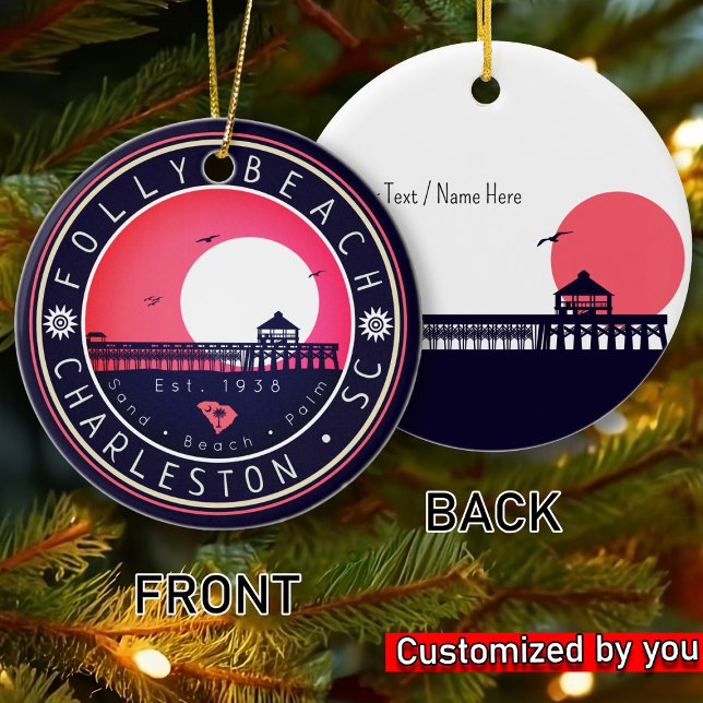 Ornamento De Cerâmica Folly Beach SC Souvenirs Retro Sunset Pier 60s (Criador carregado)