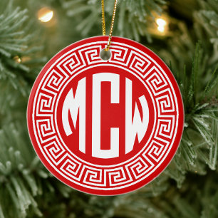 Ornamento De Cerâmica Fonte de Monograma de Círculo Branco Vermelho com