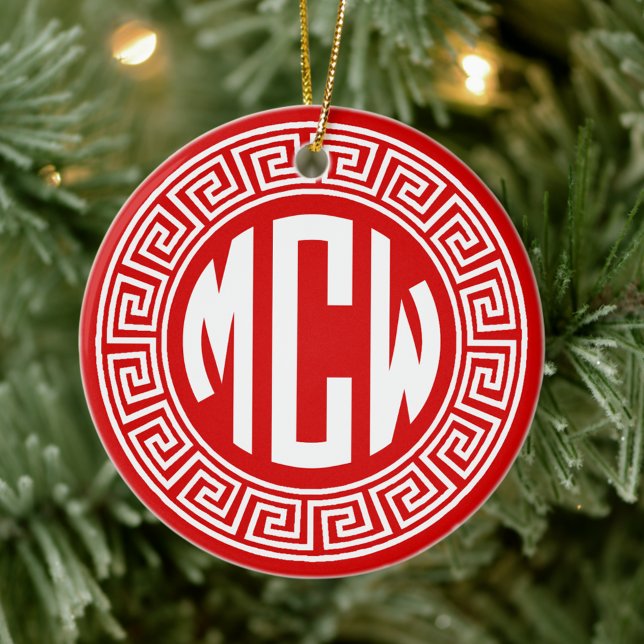 Ornamento De Cerâmica Fonte de Monograma de Círculo Branco Vermelho com  (Criador carregado)