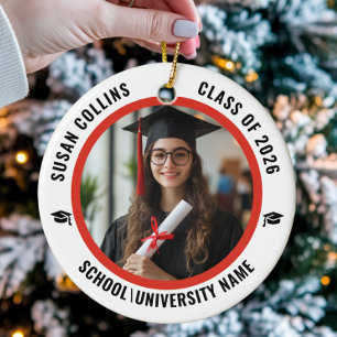 Ornamento De Cerâmica Formatura com Foto Personalizada Vermelha e Branca