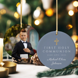 Ornamento De Cerâmica Foto Azul - Primeira Comunhão de Cristo Religioso
